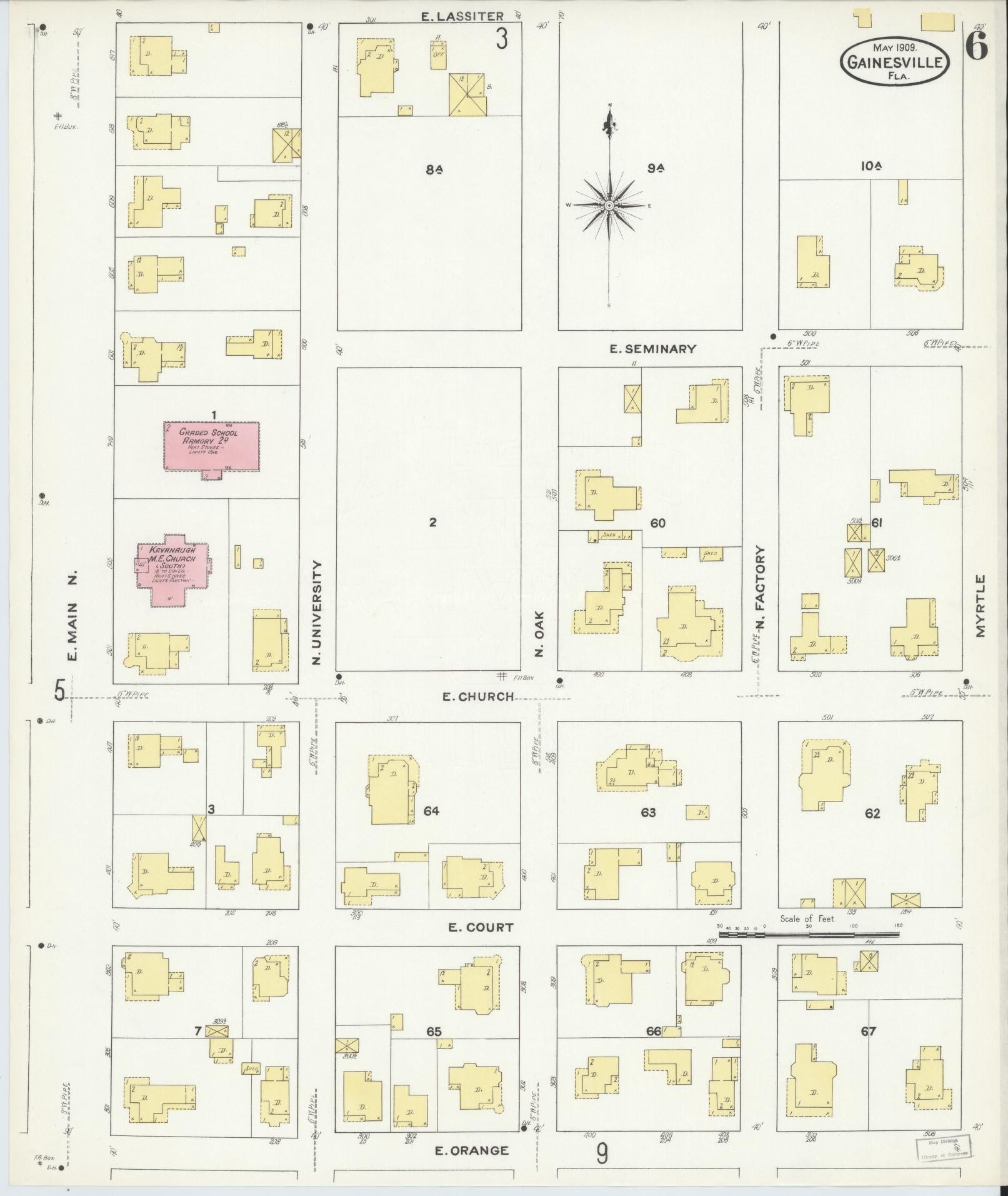 Sanborn Fire Insurance Map from Gainesville, Alachua County, Florida (1909), Sheet #0006 - Complete Map Set gallery image, historic Sanborn map, vintage wall art, Florida Florida