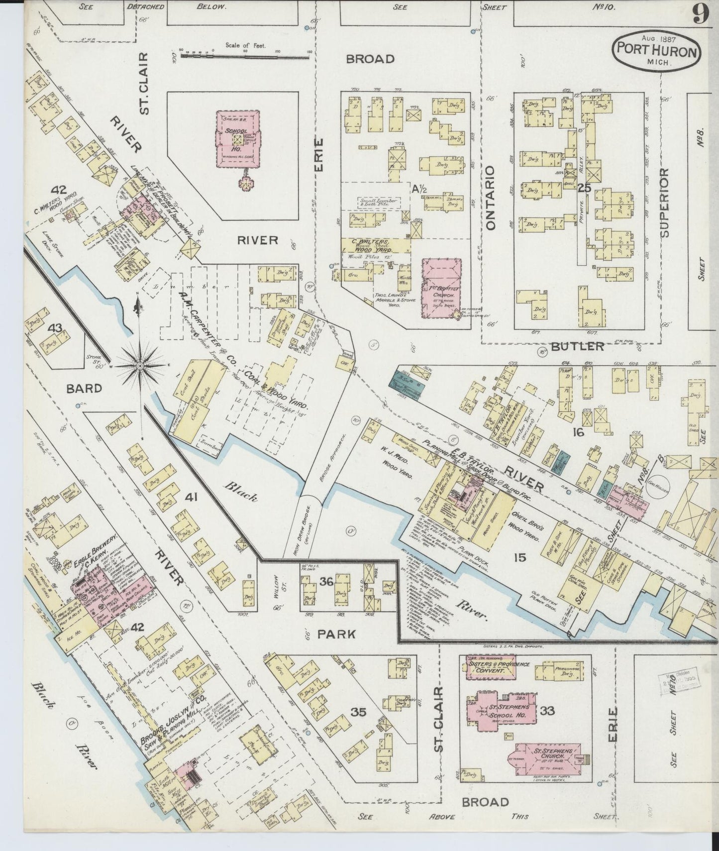 Sanborn Fire Insurance Map from Port Huron, Saint Clair County, Michigan (1887), Sheet #0009 - Complete Map Set gallery image, historic Sanborn map, vintage wall art, Michigan Michigan