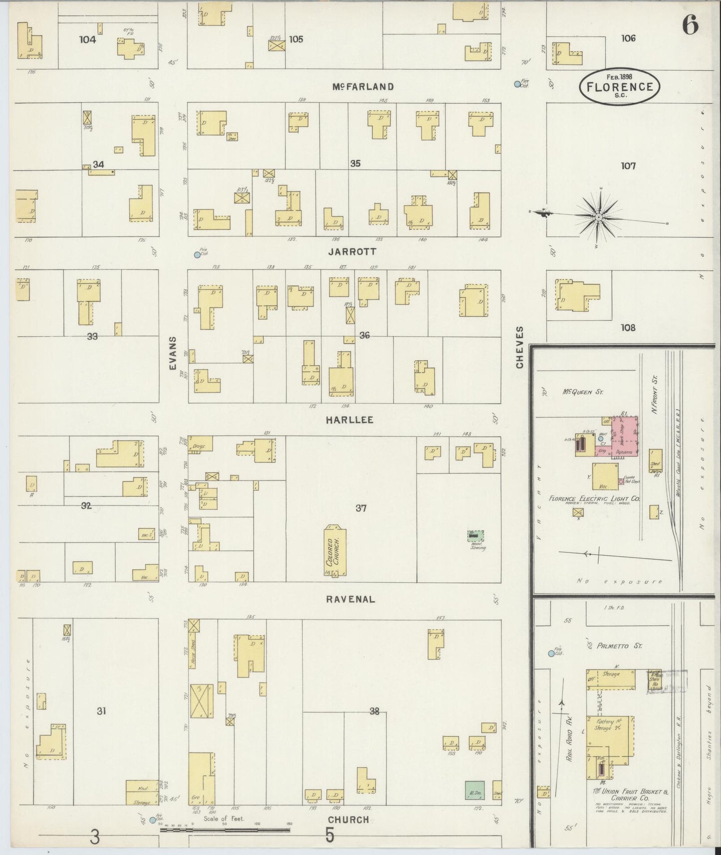 Sanborn Fire Insurance Map from Florence, Florence County, South Carolina (1898), Sheet #0006 - Complete Map Set gallery image, historic Sanborn map, vintage wall art, South Carolina South Carolina