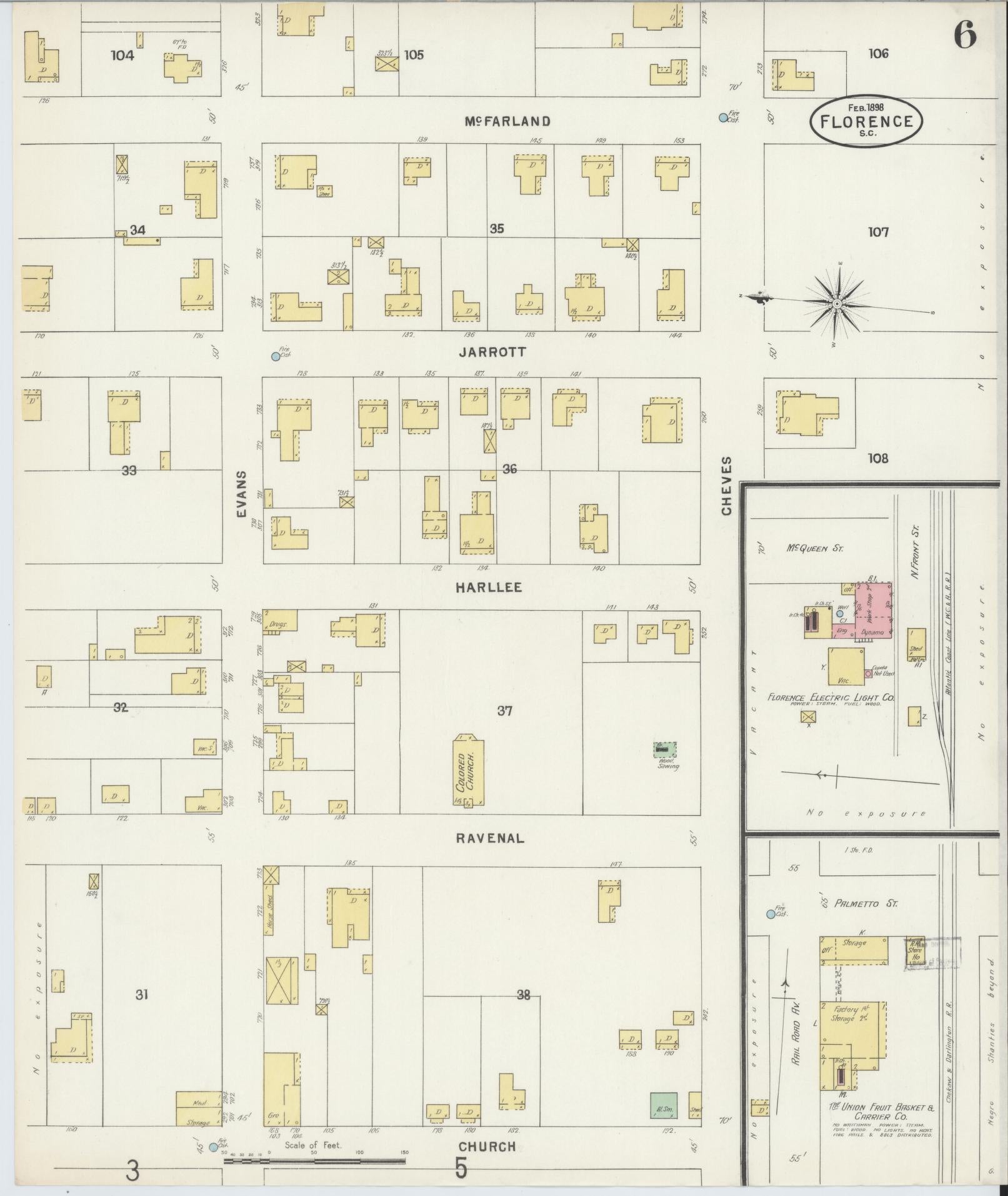 Sanborn Fire Insurance Map from Florence, Florence County, South Carolina (1898), Sheet #0006 - Complete Map Set gallery image, historic Sanborn map, vintage wall art, South Carolina South Carolina