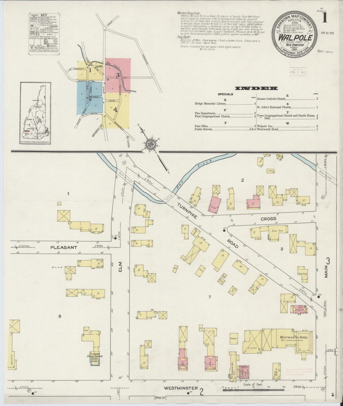 Sanborn Fire Insurance Map from Walpole, Cheshire County, New Hampshire (1915), Sheet #0001 - Complete Map Set gallery image, historic Sanborn map, vintage wall art, New Hampshire New Hampshire