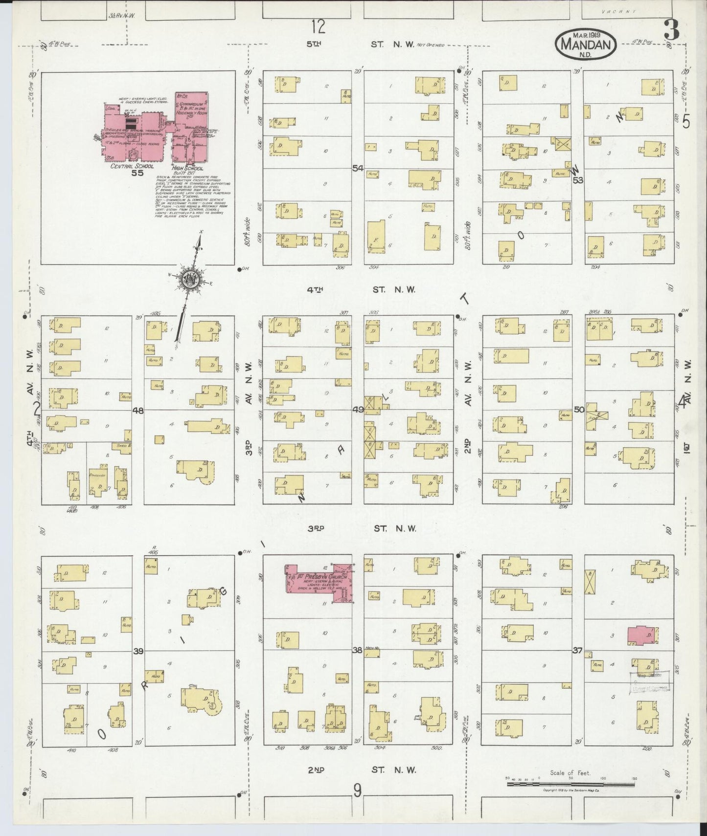 Sanborn Fire Insurance Map from Mandan, Morton County, North Dakota (1919), Sheet #0003 - Historic Sanborn Fire Insurance Map Print, vintage old map wall art, antique decor, genealogy gift, North Dakota North Dakota map