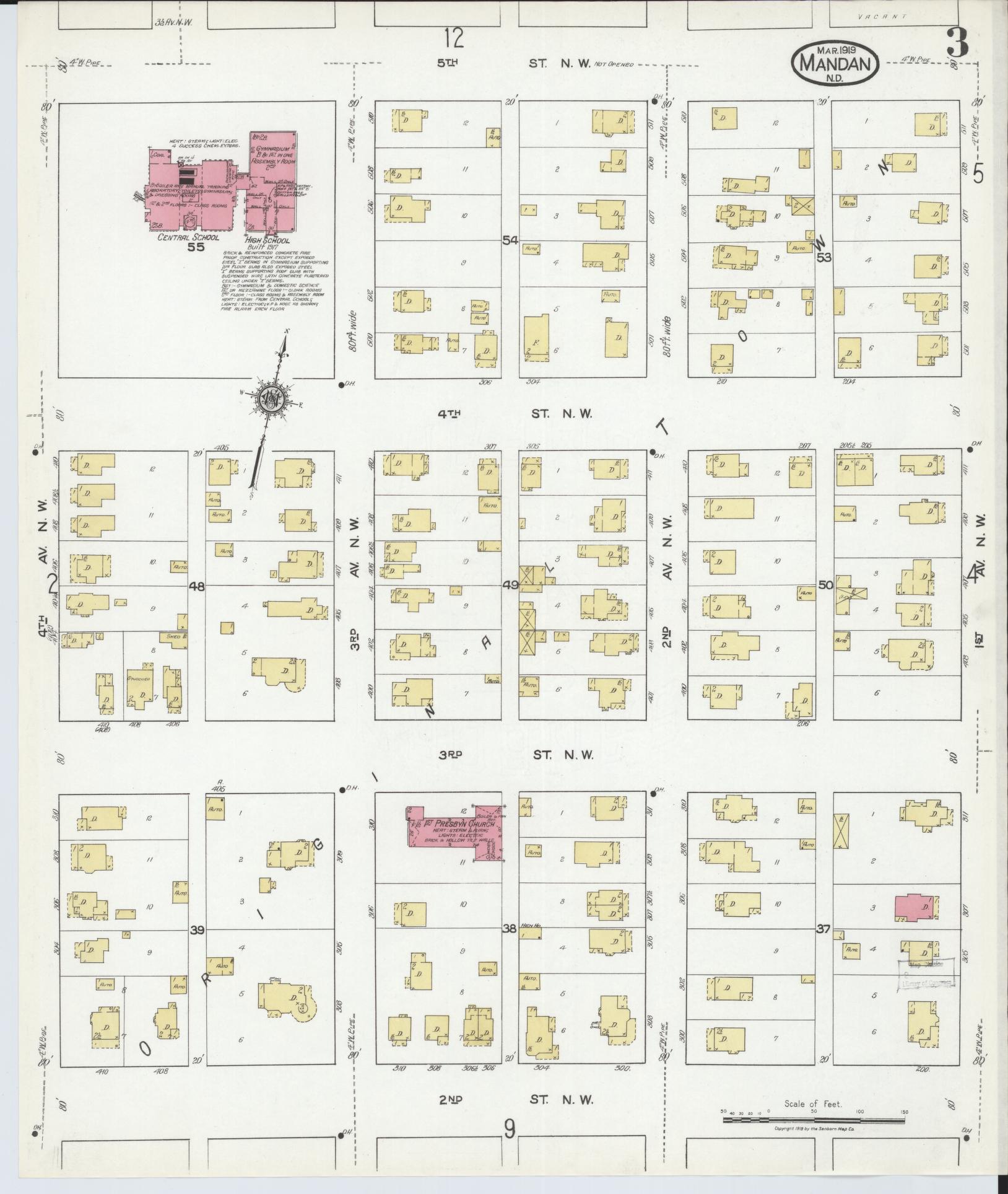 Sanborn Fire Insurance Map from Mandan, Morton County, North Dakota (1919), Sheet #0003 - Historic Sanborn Fire Insurance Map Print, vintage old map wall art, antique decor, genealogy gift, North Dakota North Dakota map