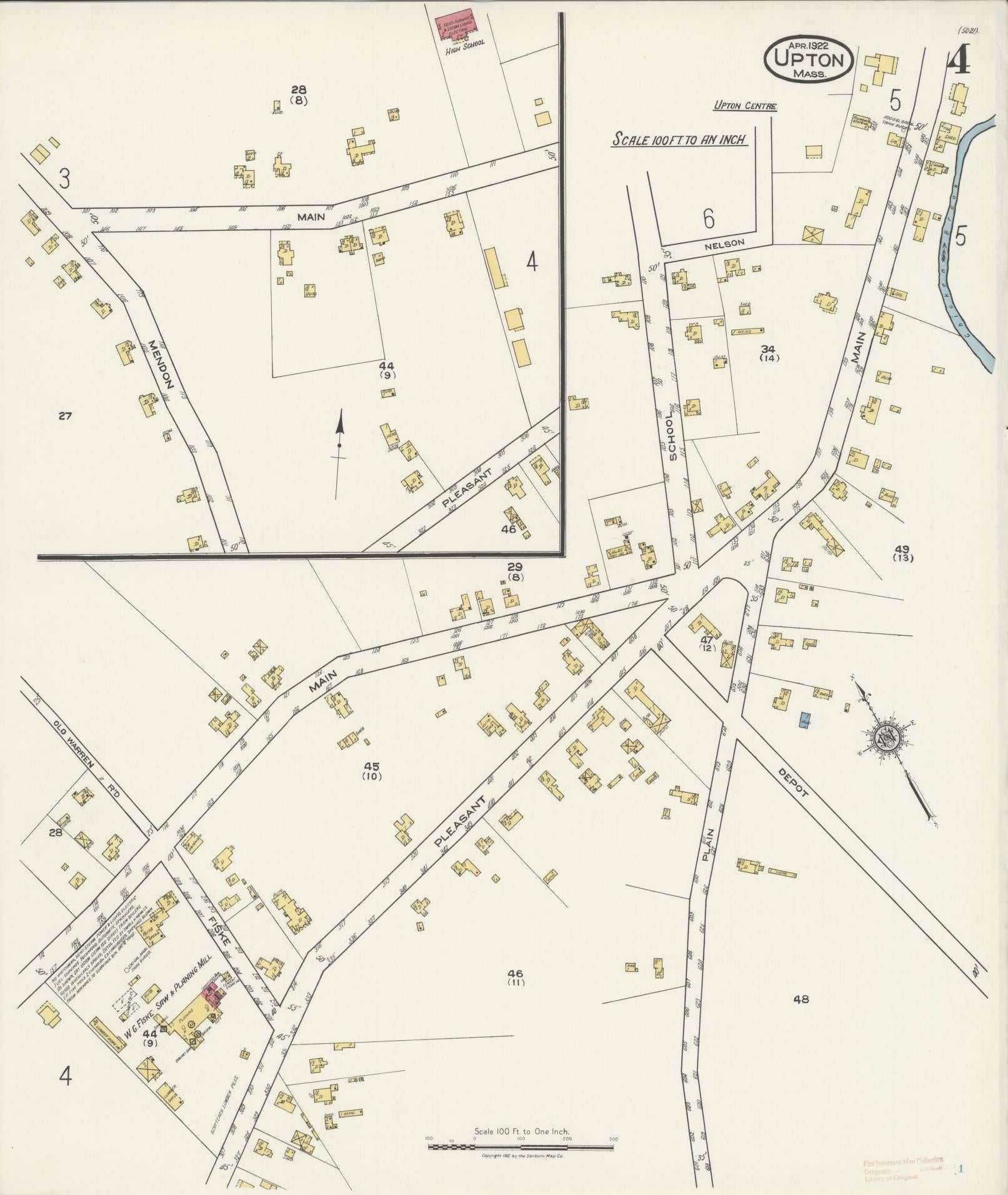 Sanborn Fire Insurance Map from Upton, Worcester County, Massachusetts (1922), Sheet #0004 - Historic Sanborn Fire Insurance Map Print, vintage old map wall art, antique decor, genealogy gift, Massachusetts Massachusetts map