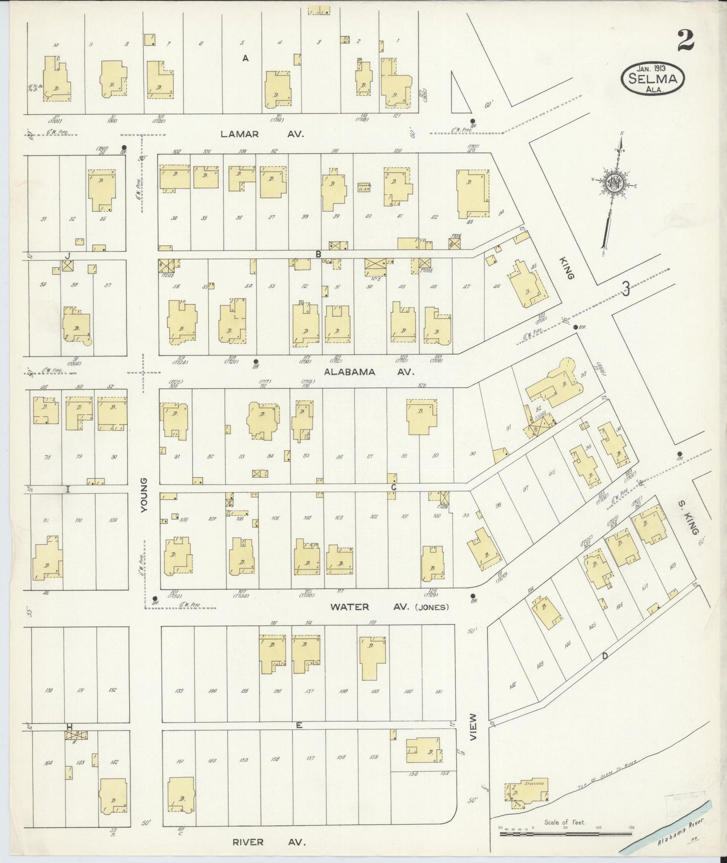 Sanborn Fire Insurance Map from Selma, Dallas County, Alabama (1913), Sheet #0002 - Complete Map Set gallery image, historic Sanborn map, vintage wall art, Alabama Alabama