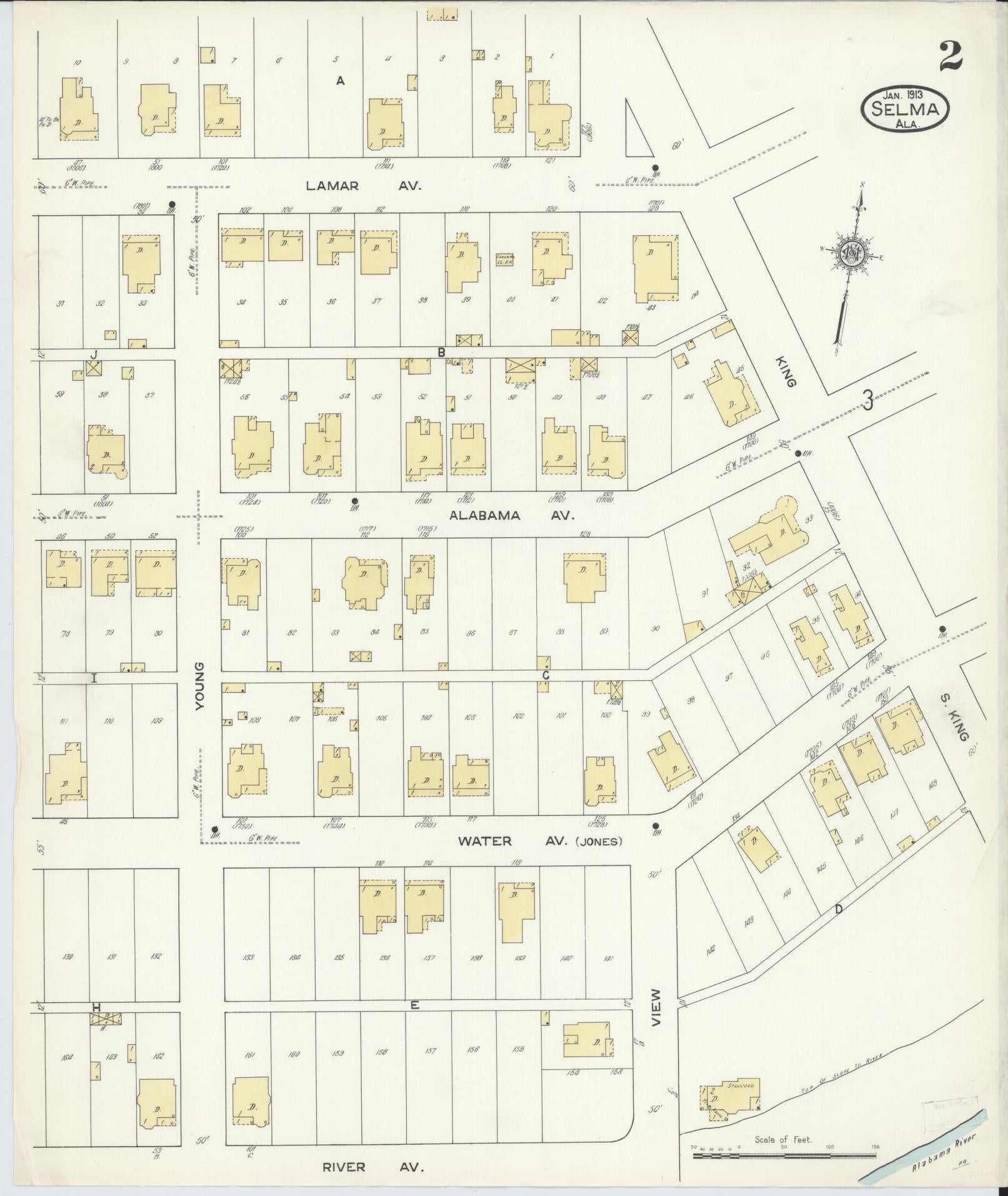 Sanborn Fire Insurance Map from Selma, Dallas County, Alabama (1913), Sheet #0002 - Complete Map Set gallery image, historic Sanborn map, vintage wall art, Alabama Alabama