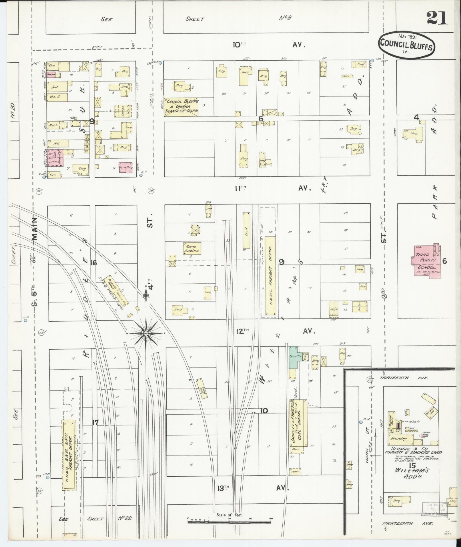 Sanborn Fire Insurance Map from Council Bluffs, Pottawattamie County, Iowa (1891), Sheet #0021 - Historic Sanborn Fire Insurance Map Print, vintage old map wall art