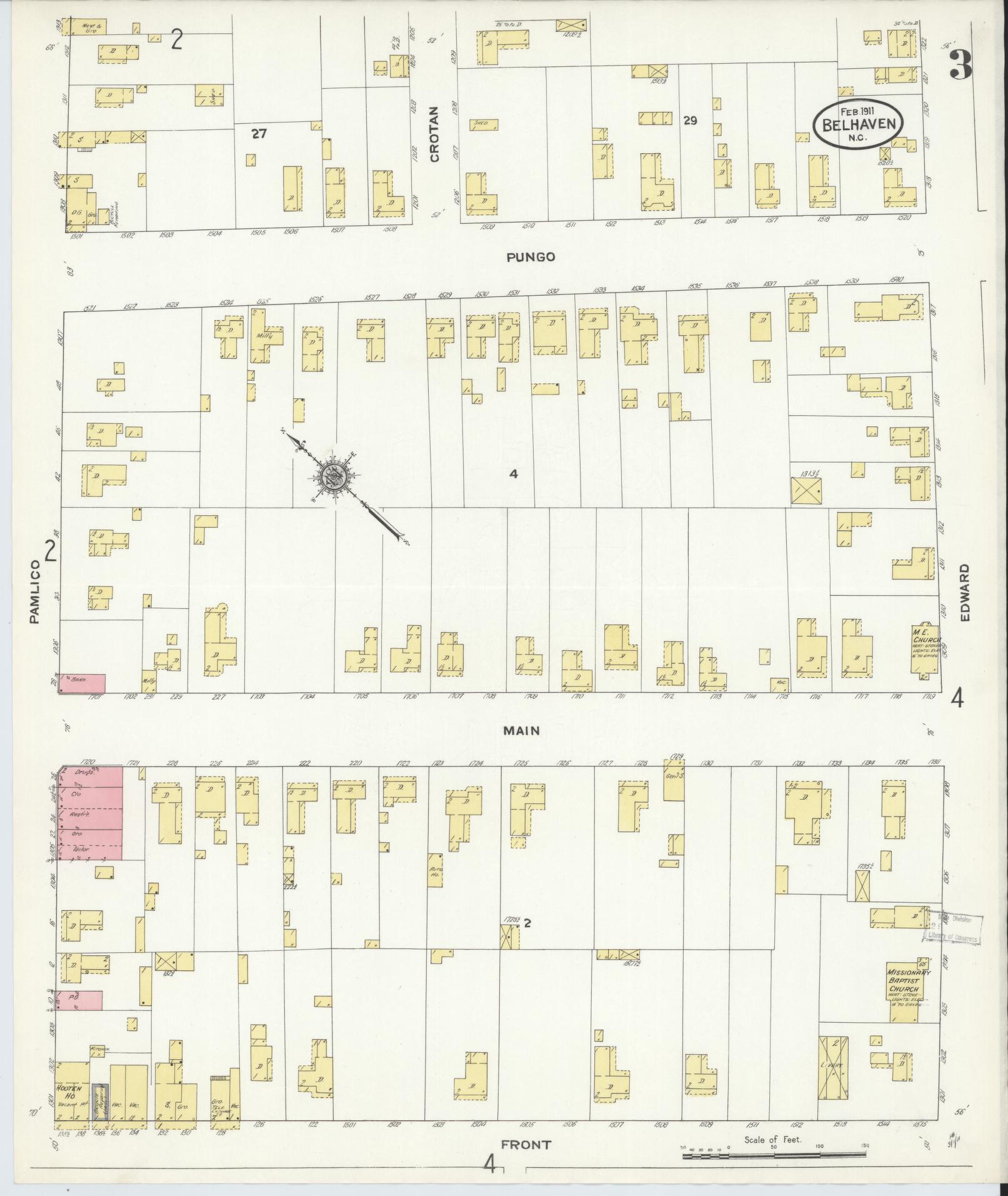 Sanborn Fire Insurance Map from Belhaven, Beaufort County, North Carolina (1911), Sheet #0003 - Complete Map Set gallery image, historic Sanborn map, vintage wall art, North Carolina North Carolina