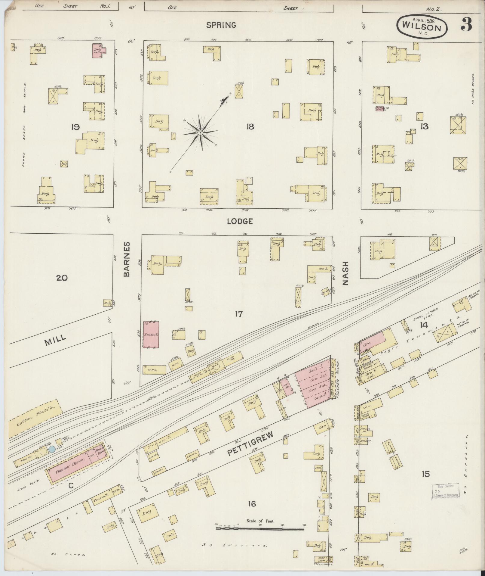 Sanborn Fire Insurance Map from Wilson, Wilson County, North Carolina (1888), Sheet #0003 - Complete Map Set gallery image, historic Sanborn map, vintage wall art, North Carolina North Carolina