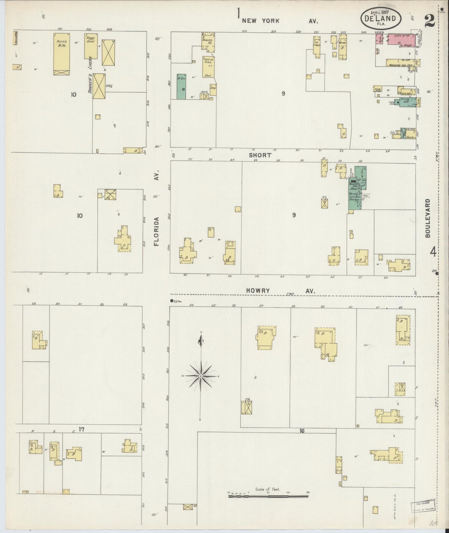 Sanborn Fire Insurance Map from De Land, Volusia County, Florida (1897), Sheet #0002 - Complete Map Set gallery image, historic Sanborn map, vintage wall art, Florida Florida