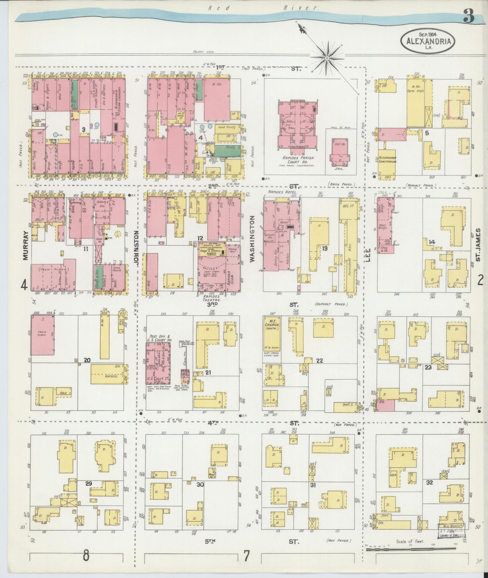 Sanborn Fire Insurance Map from Alexandria, Rapides Parish, Louisiana (1904), Sheet #0003 - Complete Map Set gallery image, historic Sanborn map, vintage wall art, Louisiana Louisiana