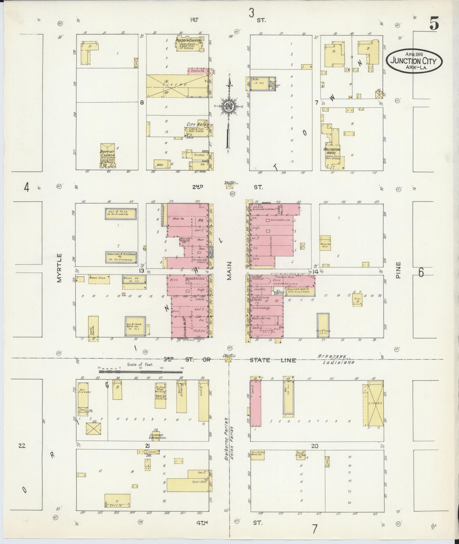 Sanborn Fire Insurance Map from Junction City, Union County, Arkansas (1914), Sheet #0005 - Complete Map Set gallery image, historic Sanborn map, vintage wall art, Arkansas Arkansas
