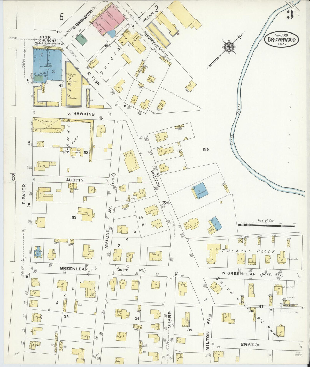 Sanborn Fire Insurance Map from Brownwood, Brown County, Texas (1909), Sheet #0003 - Complete Map Set gallery image, historic Sanborn map, vintage wall art, Texas Texas