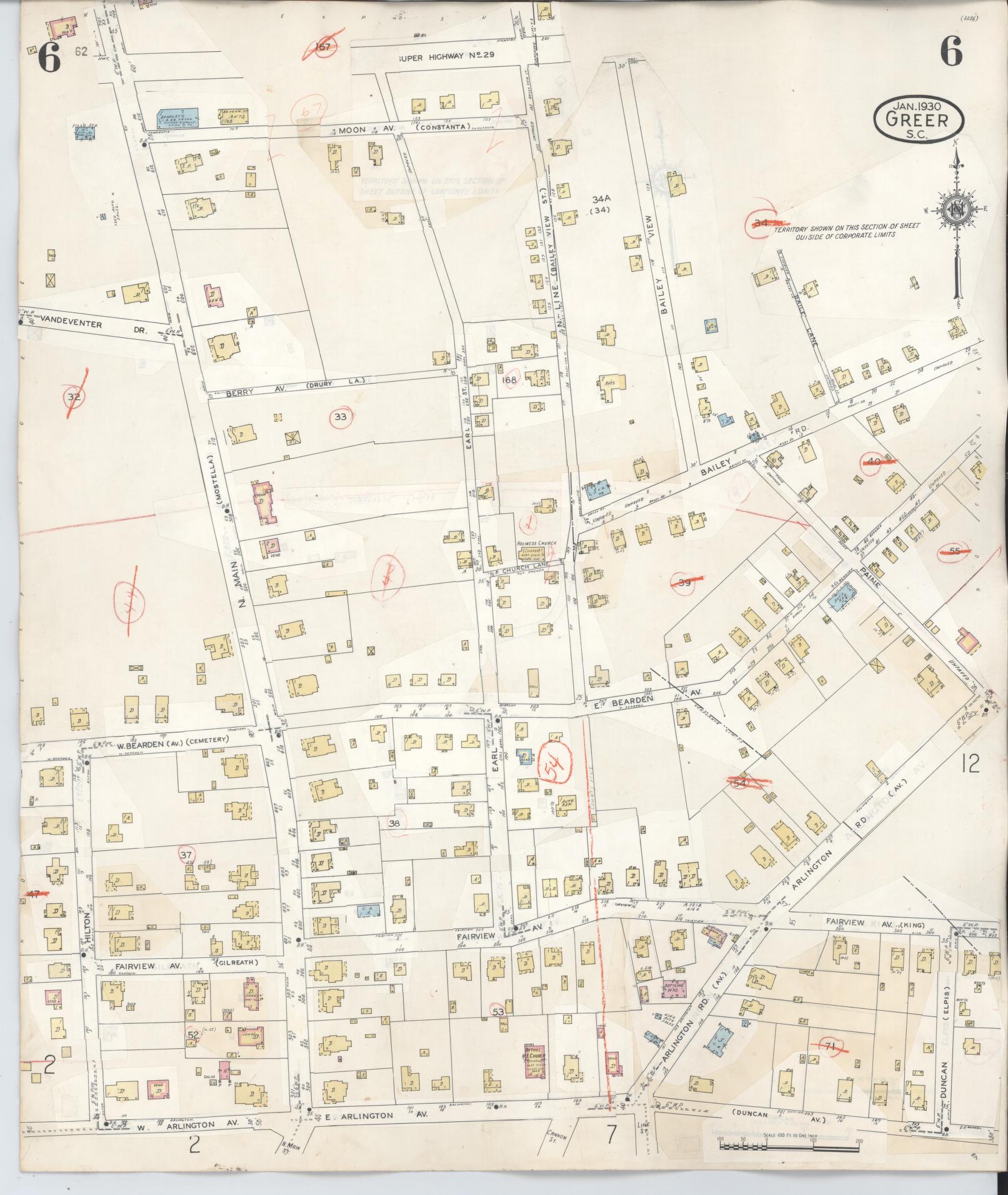 Sanborn Fire Insurance Map from Greer, Greenville and Spartanburg Counties, South Carolina (1951), Sheet #0006 - Historic Sanborn Fire Insurance Map Print, vintage old map wall art, antique decor, genealogy gift, South Carolina South Carolina map