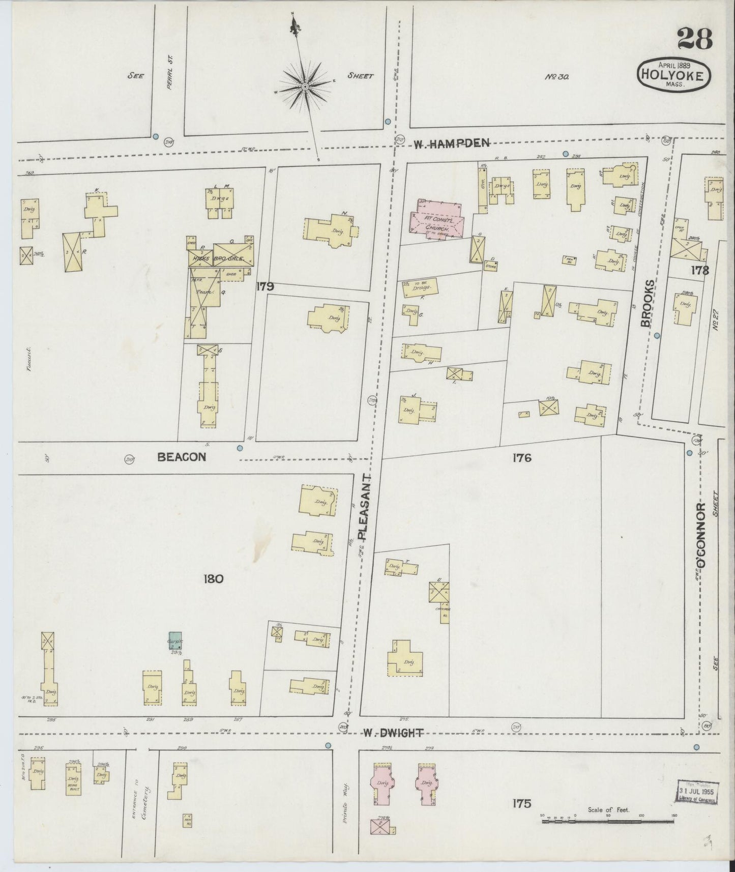 Sanborn Fire Insurance Map from Holyoke, Hampden County, Massachusetts (1889), Sheet #0028 - Historic Sanborn Fire Insurance Map Print, vintage old map wall art, antique decor, genealogy gift, Massachusetts Massachusetts map