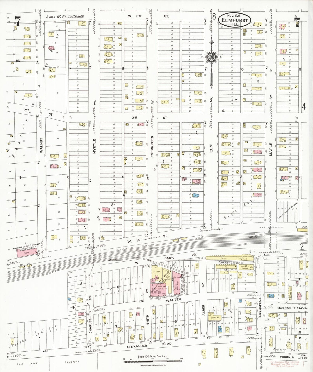 Sanborn Fire Insurance Map from Elmhurst, Du Page County, Illinois (1924), Sheet #0007 - Historic Sanborn Fire Insurance Map Print, vintage old map wall art, antique decor, genealogy gift, Illinois Illinois map
