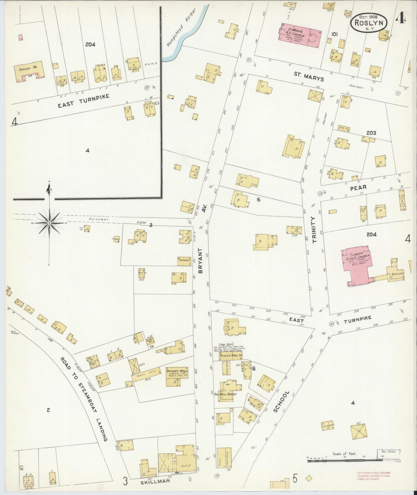 Sanborn Fire Insurance Map from Roslyn, Nassau County, New York (1908), Sheet #0004 - Historic Sanborn Fire Insurance Map Print, vintage old map wall art, antique decor, genealogy gift, New York New York map