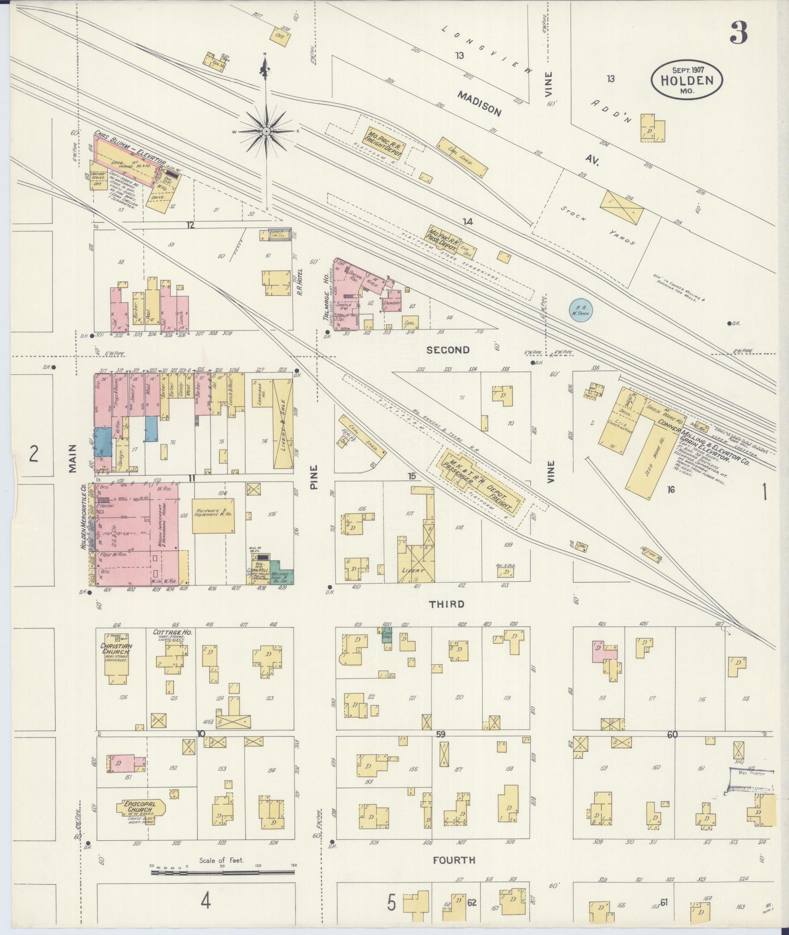 Sanborn Fire Insurance Map from Holden, Johnson County, Missouri (1907), Sheet #0003 - Complete Map Set gallery image, historic Sanborn map, vintage wall art, Missouri Missouri