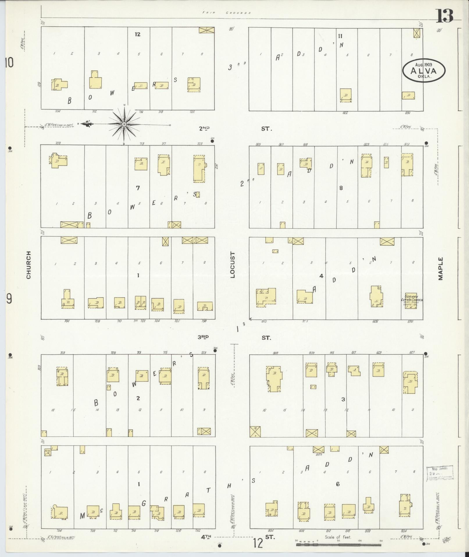 Sanborn Fire Insurance Map from Alva, Woods County, Oklahoma (1909), Sheet #0013 - Historic Sanborn Fire Insurance Map Print, vintage old map wall art, antique decor, genealogy gift, Oklahoma Oklahoma map