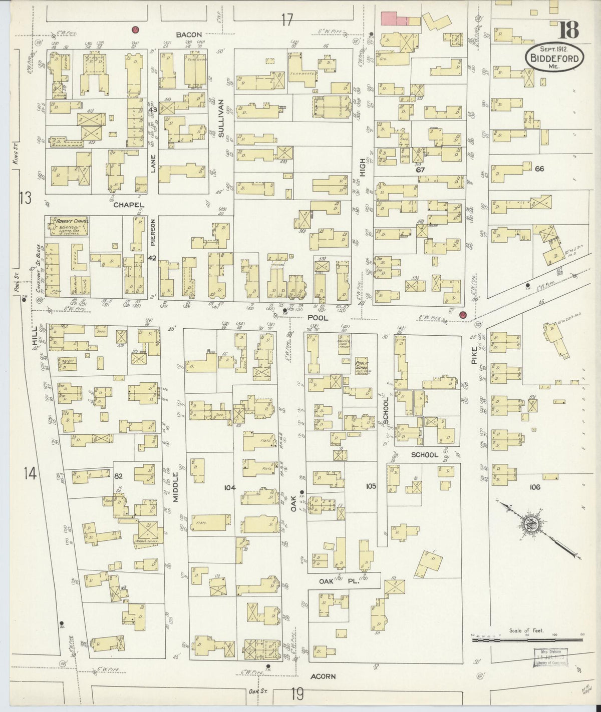 Sanborn Fire Insurance Map from Biddeford, York County, Maine (1912), Sheet #0018 - Complete Map Set gallery image, historic Sanborn map, vintage wall art, Maine Maine
