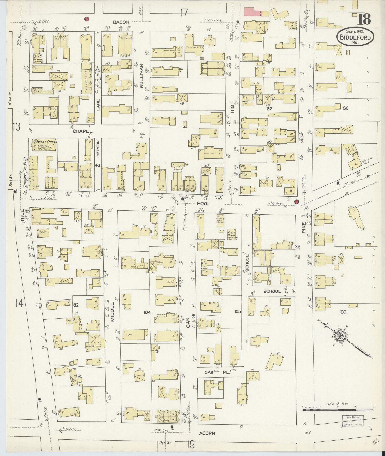 Sanborn Fire Insurance Map from Biddeford, York County, Maine (1912), Sheet #0018 - Complete Map Set gallery image, historic Sanborn map, vintage wall art, Maine Maine