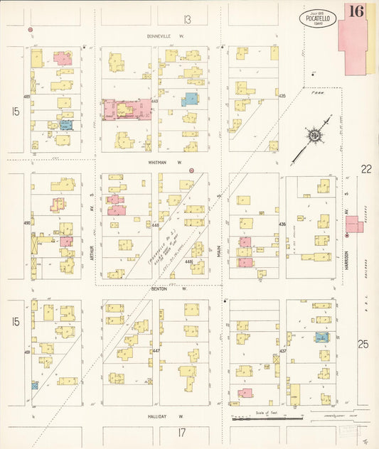 Sanborn Fire Insurance Map from Pocatello, Bannock County, Idaho (1915), Sheet #0016 - Historic Sanborn Fire Insurance Map Print, vintage old map wall art, antique decor, genealogy gift, Idaho Idaho map
