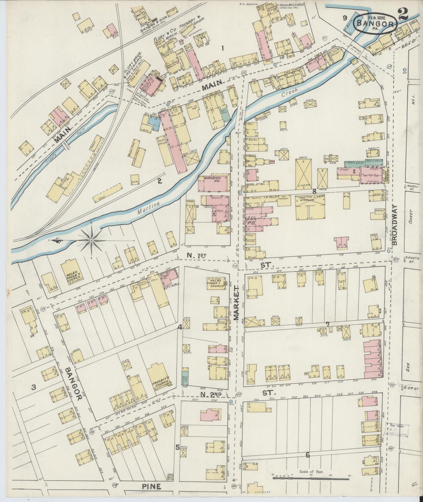Sanborn Fire Insurance Map from Bangor, Northampton County, Pennsylvania (1892), Sheet #0002 - Historic Sanborn Fire Insurance Map Print, vintage old map wall art, antique decor, genealogy gift, Pennsylvania Pennsylvania map