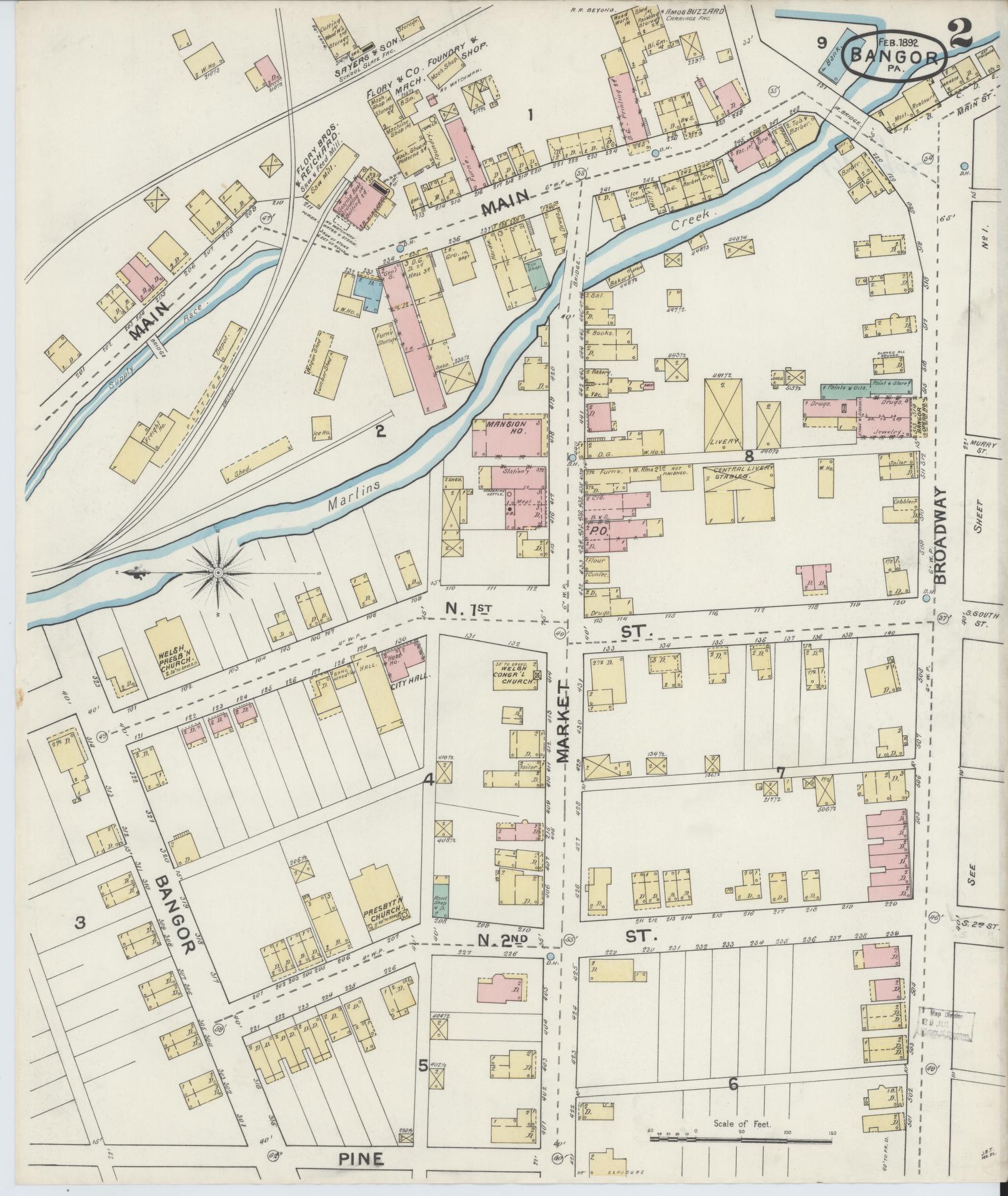 Sanborn Fire Insurance Map from Bangor, Northampton County, Pennsylvania (1892), Sheet #0002 - Historic Sanborn Fire Insurance Map Print, vintage old map wall art, antique decor, genealogy gift, Pennsylvania Pennsylvania map