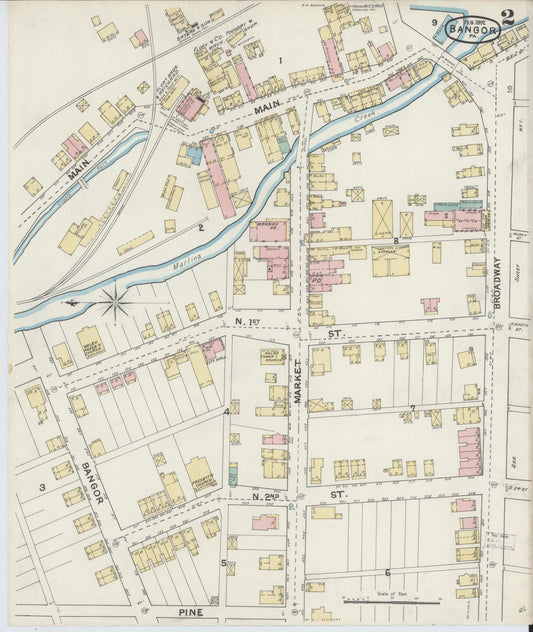Sanborn Fire Insurance Map from Bangor, Northampton County, Pennsylvania (1892), Sheet #0002 - Historic Sanborn Fire Insurance Map Print, vintage old map wall art, antique decor, genealogy gift, Pennsylvania Pennsylvania map