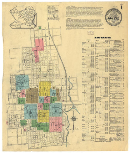 Sanborn Fire Insurance Map from Abilene, Taylor County, Texas (1915), Sheet #0001 - Historic Sanborn Fire Insurance Map Print, vintage old map wall art, antique decor, genealogy gift, Texas Texas map