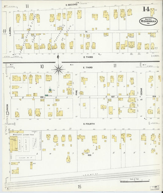 Sanborn Fire Insurance Map from Mishawaka, Saint Joseph County, Indiana (1907), Sheet #0014 - Historic Sanborn Fire Insurance Map Print, vintage old map wall art, antique decor, genealogy gift, Indiana Indiana map