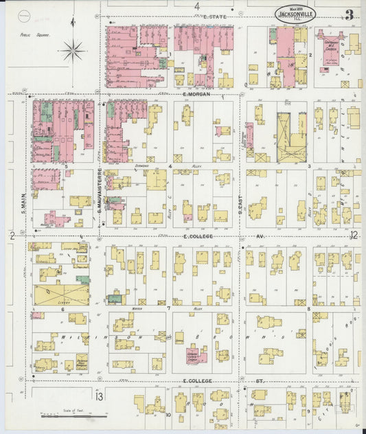 Sanborn Fire Insurance Map from Jacksonville, Morgan County, Illinois (1899), Sheet #0003 - Historic Sanborn Fire Insurance Map Print, vintage old map wall art, antique decor, genealogy gift, Illinois Illinois map