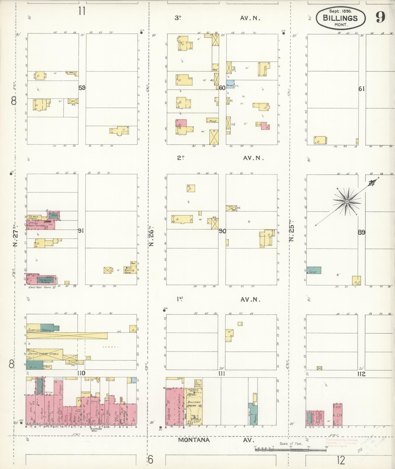 Sanborn Fire Insurance Map from Billings, Yellowstone County, Montana (1896), Sheet #0009 - Complete Map Set gallery image, historic Sanborn map, vintage wall art, Montana Montana