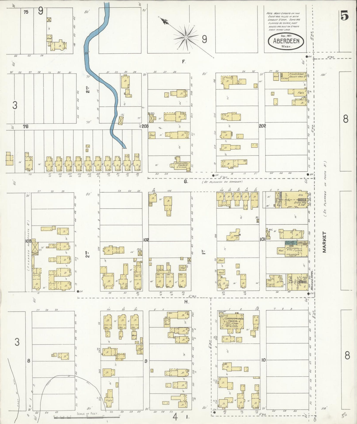 Sanborn Fire Insurance Map from Aberdeen, Grays Harbor County, Washington (1901), Sheet #0005 - Historic Sanborn Fire Insurance Map Print, vintage old map wall art, antique decor, genealogy gift, Washington Washington map