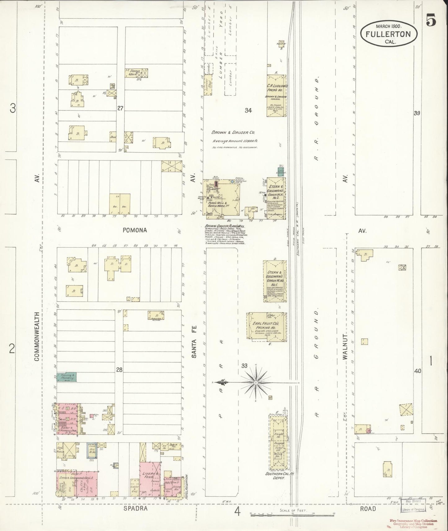 Sanborn Fire Insurance Map from Fullerton, Orange County, California (1900), Sheet #0005 - Historic Sanborn Fire Insurance Map Print, vintage old map wall art, antique decor, genealogy gift, California California map