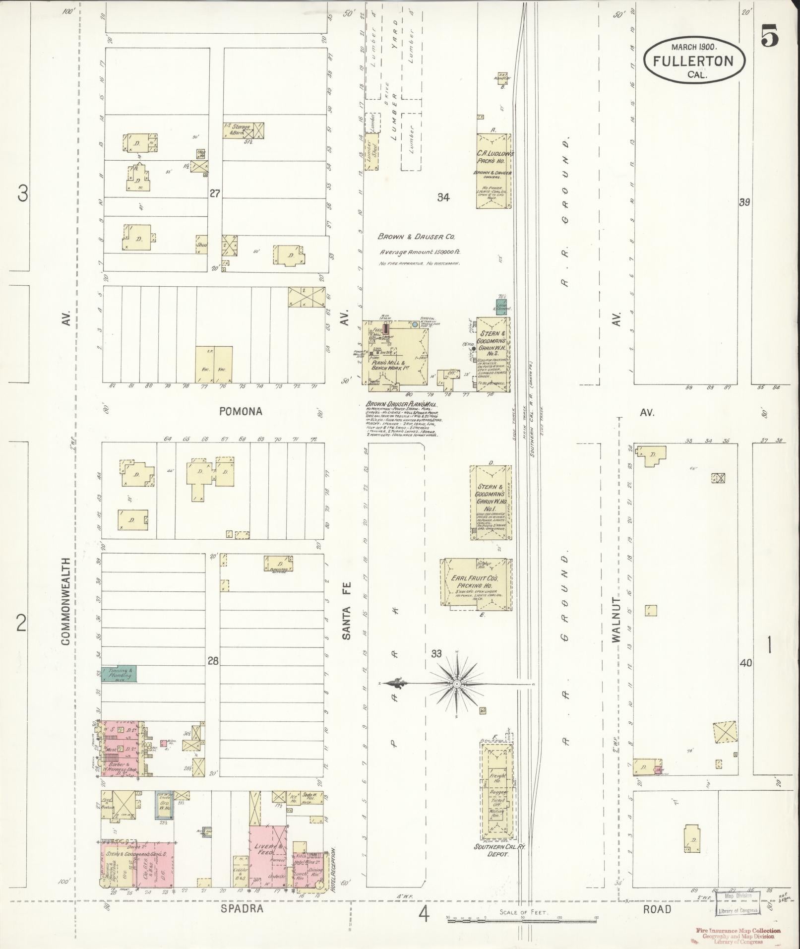 Sanborn Fire Insurance Map from Fullerton, Orange County, California (1900), Sheet #0005 - Historic Sanborn Fire Insurance Map Print, vintage old map wall art, antique decor, genealogy gift, California California map
