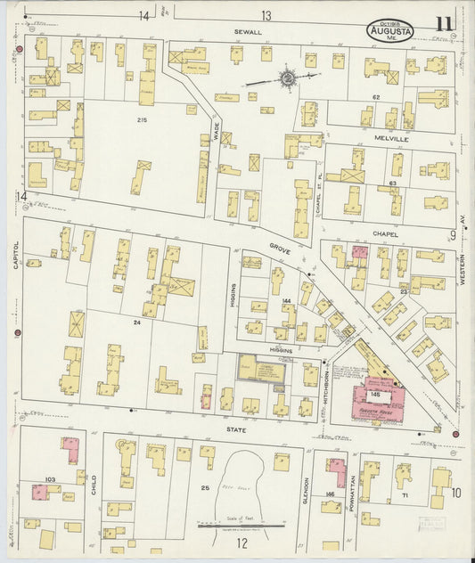 Sanborn Fire Insurance Map from Augusta, Kennebec County, Maine (1918), Sheet #0011 - Historic Sanborn Fire Insurance Map Print, vintage old map wall art, antique decor, genealogy gift, Maine Maine map