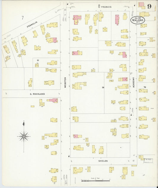 Sanborn Fire Insurance Map from Malone, Franklin County, New York (1908), Sheet #0009 - Historic Sanborn Fire Insurance Map Print, vintage old map wall art, antique decor, genealogy gift, New York New York map