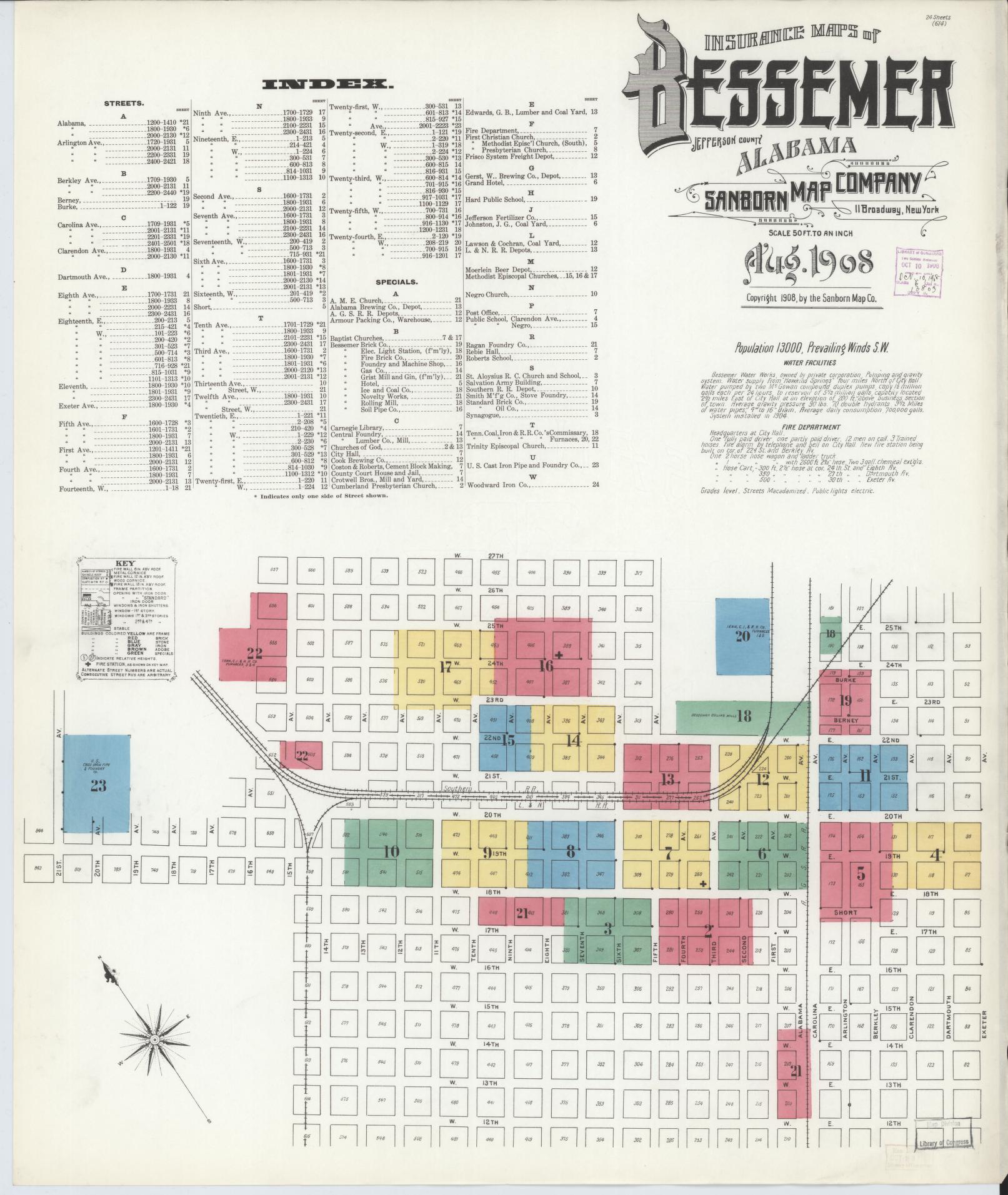 Sanborn Fire Insurance Map from Bessemer, Jefferson County, Alabama (1908), Sheet #0001 - Historic Sanborn Fire Insurance Map Print, vintage old map wall art, antique decor, genealogy gift, Alabama Alabama map