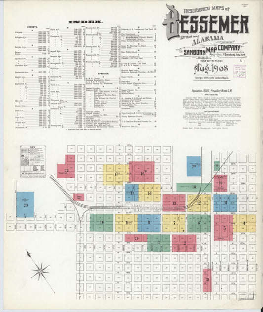 Sanborn Fire Insurance Map from Bessemer, Jefferson County, Alabama (1908), Sheet #0001 - Historic Sanborn Fire Insurance Map Print, vintage old map wall art, antique decor, genealogy gift, Alabama Alabama map