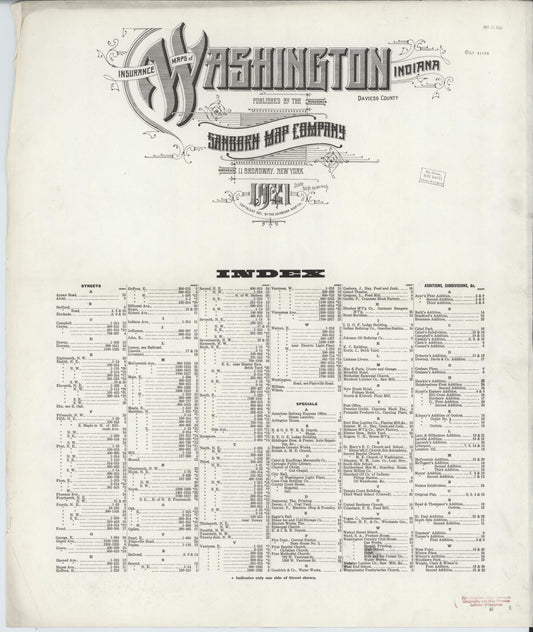 Sanborn Fire Insurance Map from Washington, Daviess County, Indiana (1921), Sheet #0001 - Historic Sanborn Fire Insurance Map Print, vintage old map wall art, antique decor, genealogy gift, Indiana Indiana map