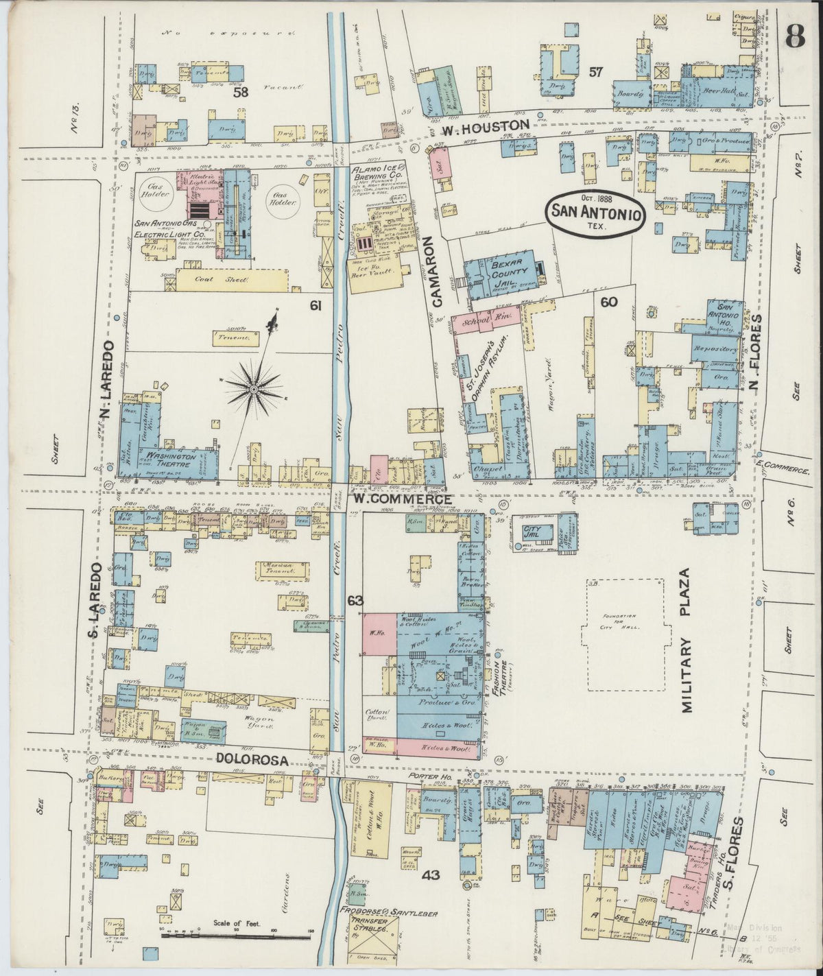 Sanborn Fire Insurance Map from San Antonio, Bexar County, Texas (1888), Sheet #0008 - Complete Map Set gallery image, historic Sanborn map, vintage wall art, Texas Texas