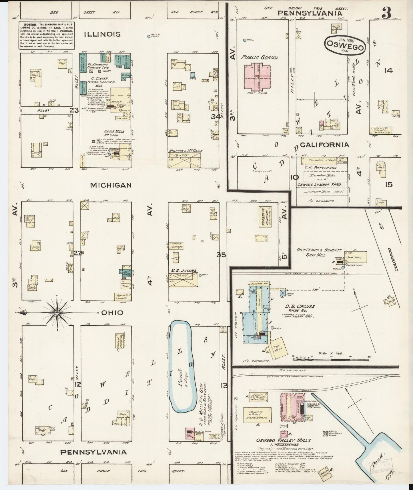Sanborn Fire Insurance Map from Oswego, Labette County, Kansas (1885), Sheet #0003 - Complete Map Set gallery image, historic Sanborn map, vintage wall art, Kansas Kansas