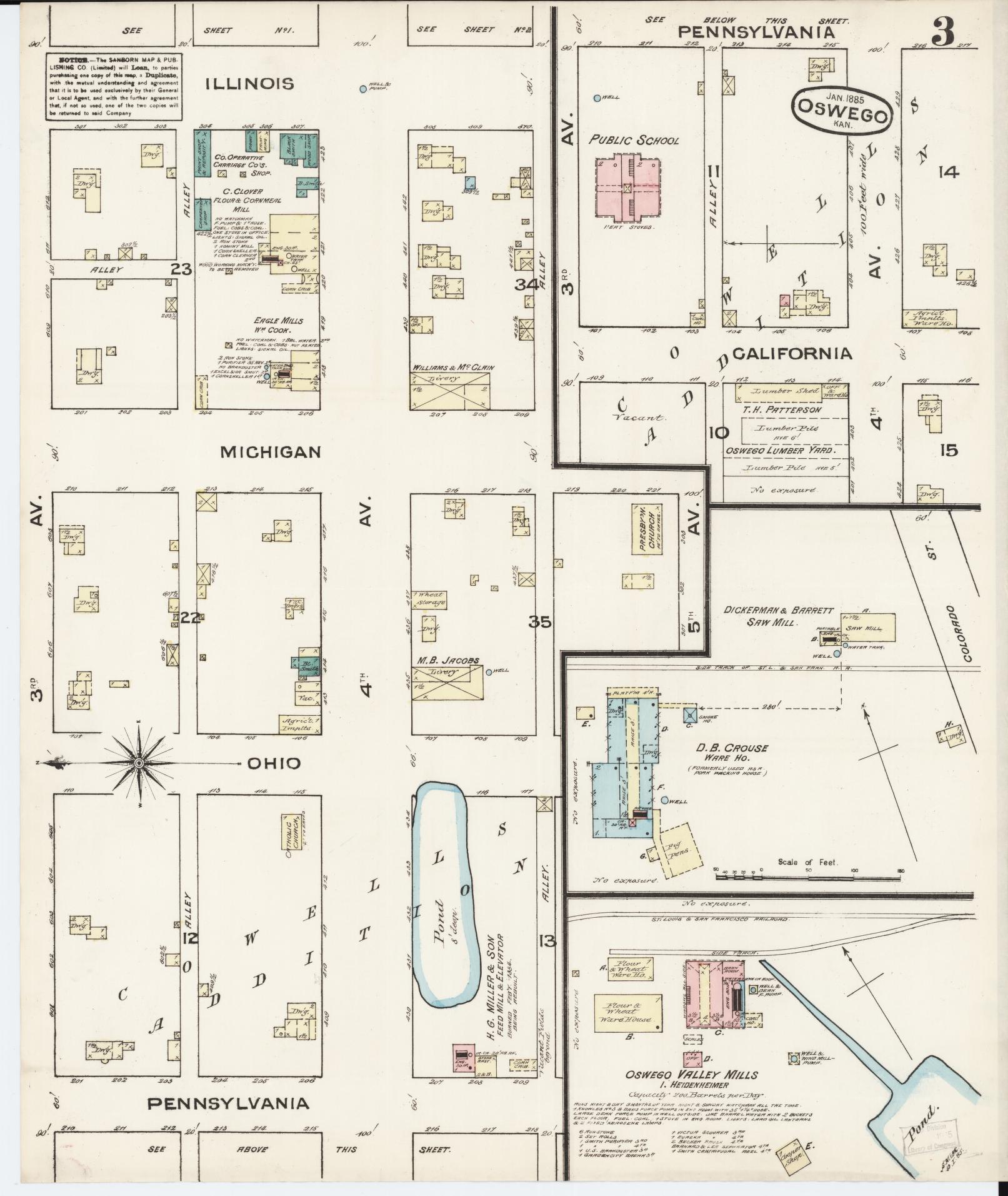 Sanborn Fire Insurance Map from Oswego, Labette County, Kansas (1885), Sheet #0003 - Complete Map Set gallery image, historic Sanborn map, vintage wall art, Kansas Kansas