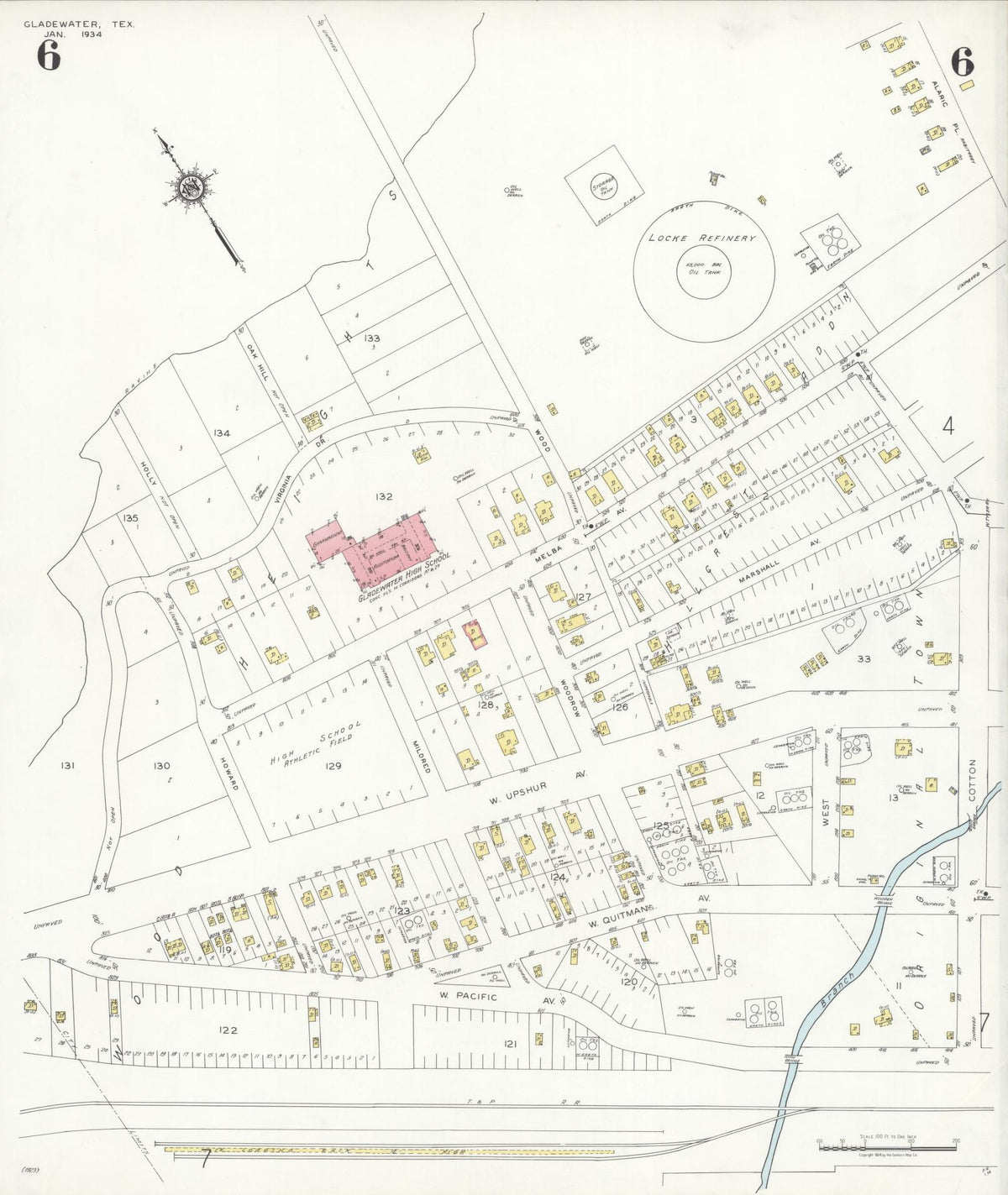 Sanborn Fire Insurance Map from Gladewater, Gregg County, Texas (1934), Sheet #0006 - Historic Sanborn Fire Insurance Map Print, vintage old map wall art, antique decor, genealogy gift, Texas Texas map