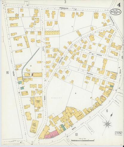 Sanborn Fire Insurance Map from Woburn, Middlesex County, Massachusetts (1904), Sheet #0004 - Historic Sanborn Fire Insurance Map Print, vintage old map wall art, antique decor, genealogy gift, Massachusetts Massachusetts map