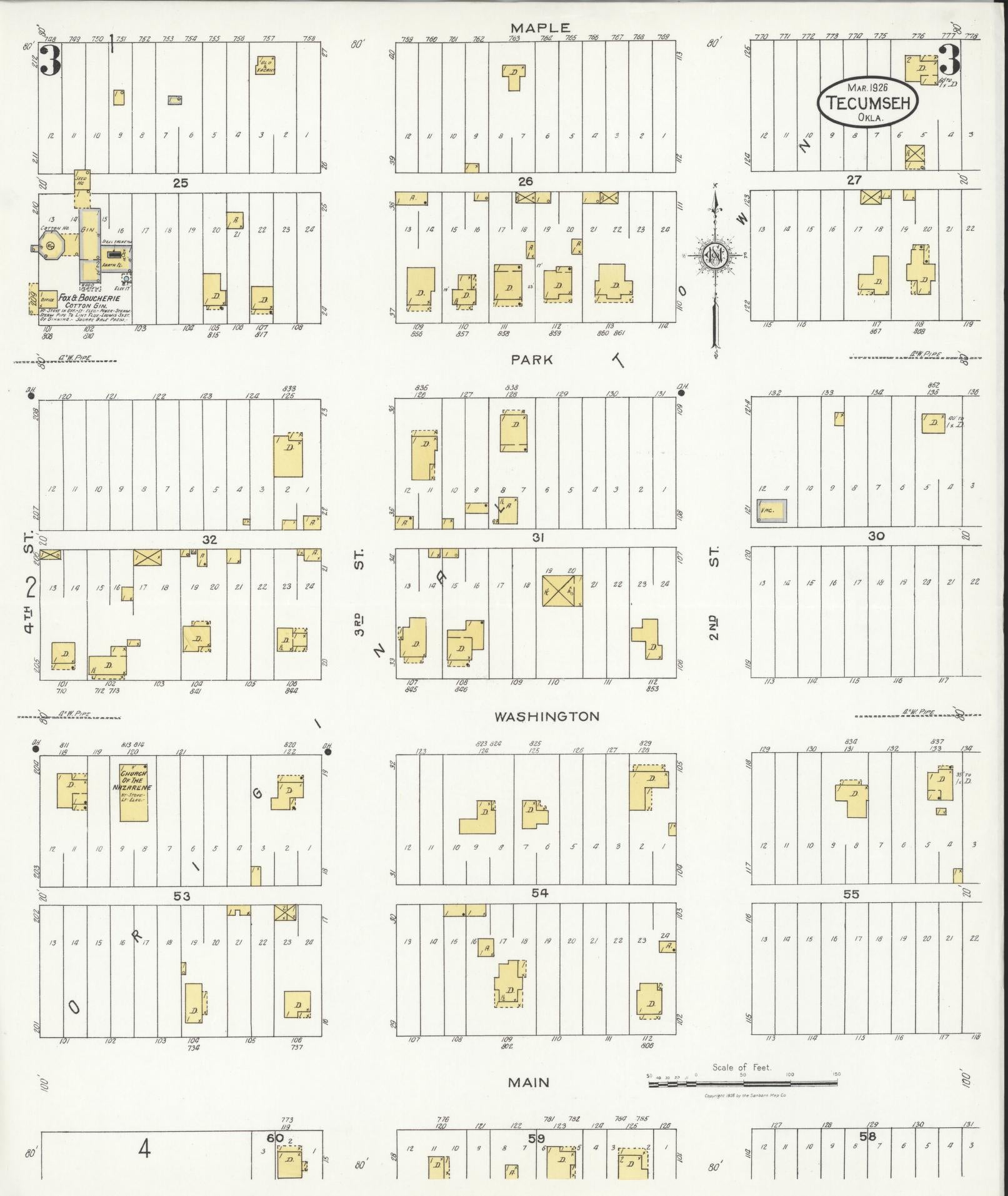 Sanborn Fire Insurance Map from Tecumseh, Pottawatomie County, Oklahoma (1926), Sheet #0003 - Complete Map Set gallery image, historic Sanborn map, vintage wall art, Oklahoma Oklahoma