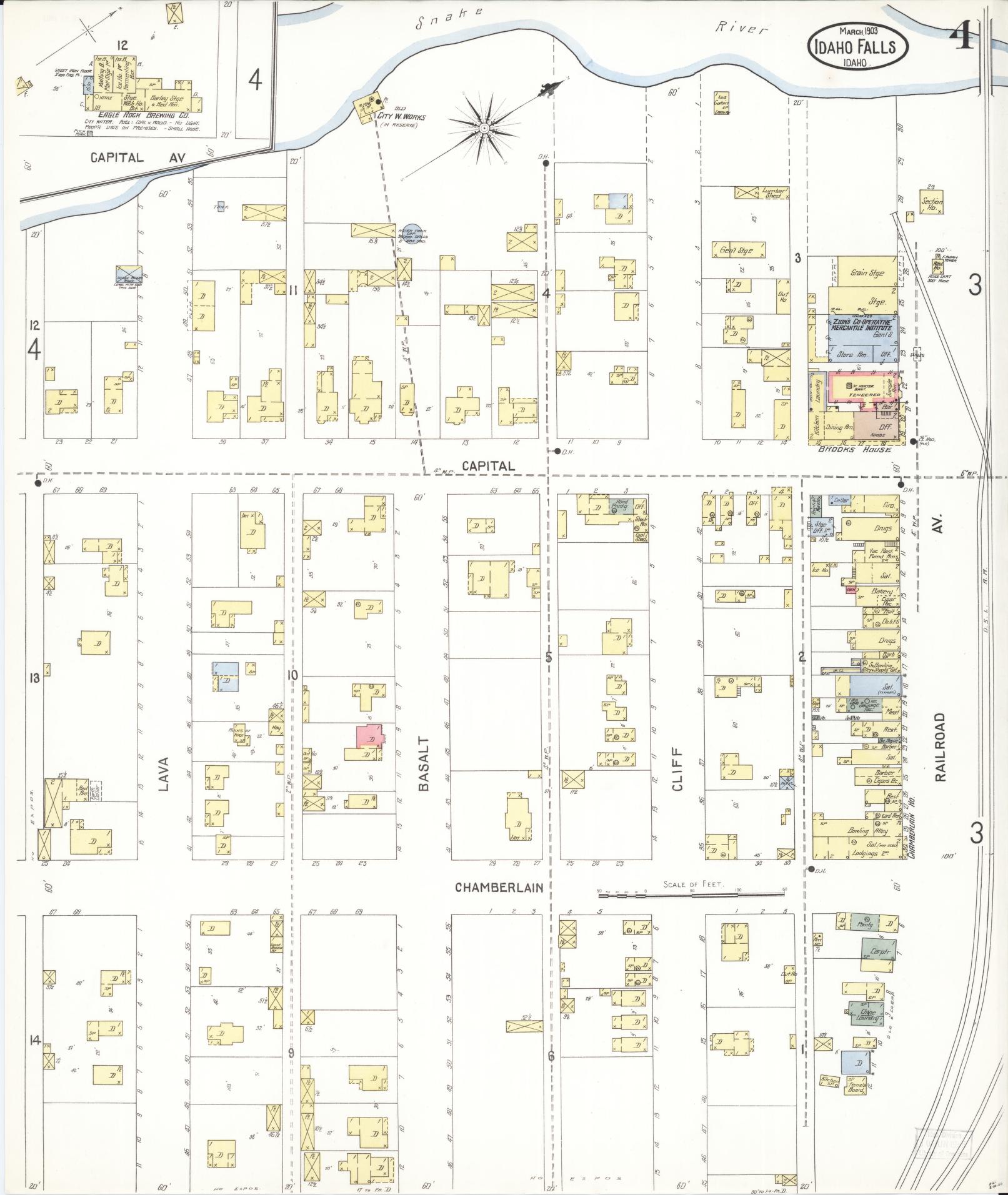 Sanborn Fire Insurance Map from Idaho Falls, Bonneville County, Idaho (1903), Sheet #0004 - Historic Sanborn Fire Insurance Map Print, vintage old map wall art, antique decor, genealogy gift, Idaho Idaho map