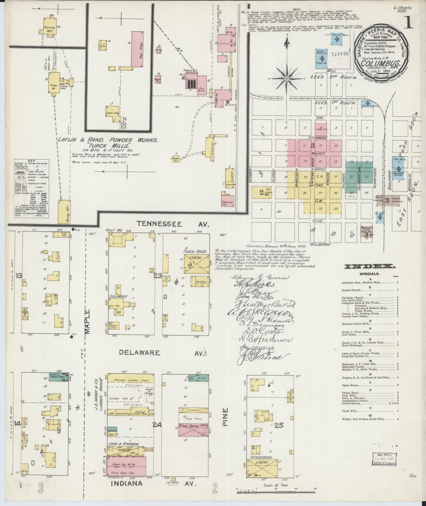 Sanborn Fire Insurance Map from Columbus, Cherokee County, Kansas (1892), Sheet #0001 - Historic Sanborn Fire Insurance Map Print, vintage old map wall art, antique decor, genealogy gift, Kansas Kansas map