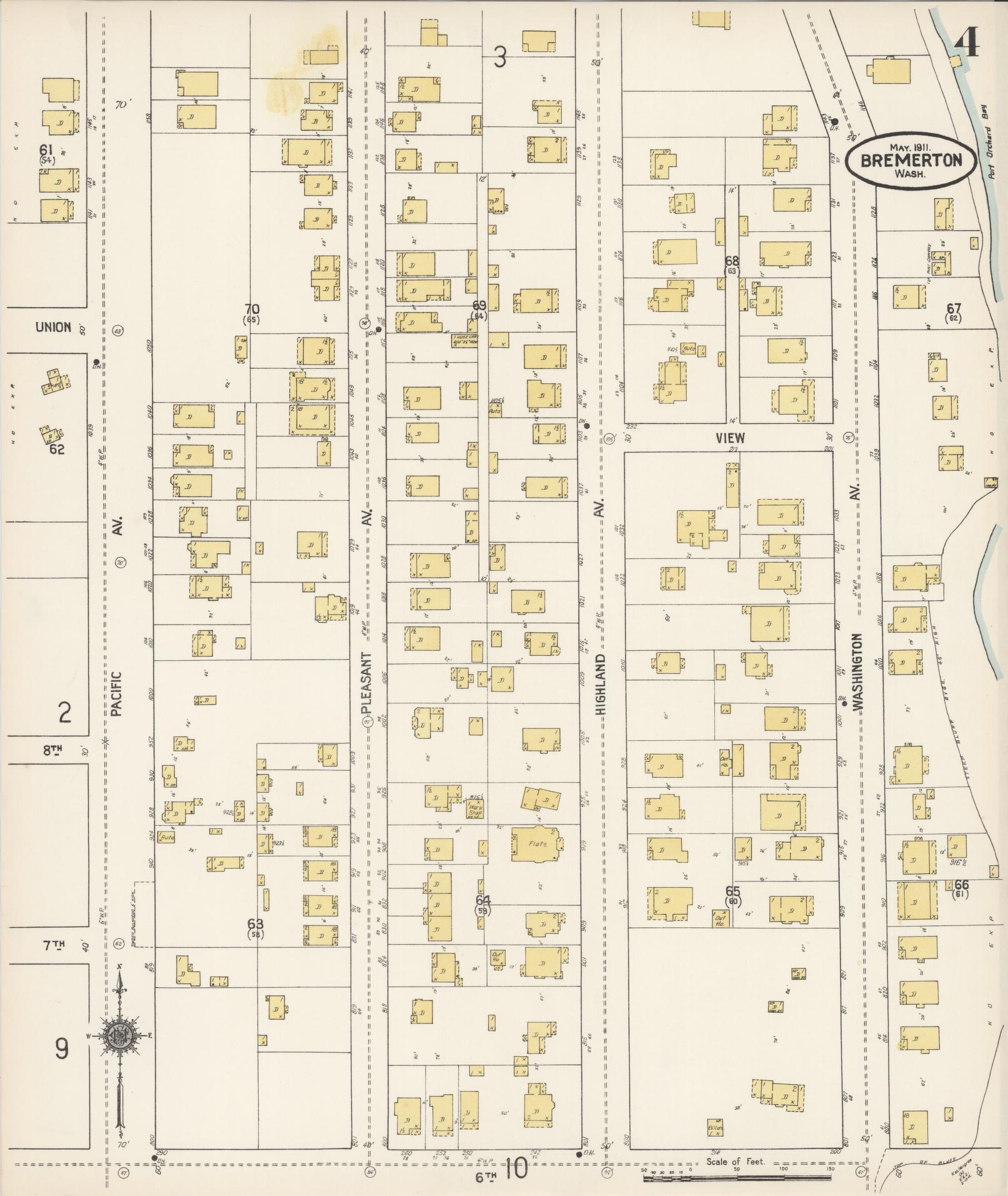 Sanborn Fire Insurance Map from Bremerton, Kitsap County, Washington (1911), Sheet #0004 - Complete Map Set gallery image, historic Sanborn map, vintage wall art, Washington Washington